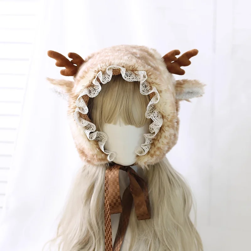 Japanese Sweet Autumn and Winter Elk Spotted Antlers Cute Ear Hat Winter Fleece Hat Christmas