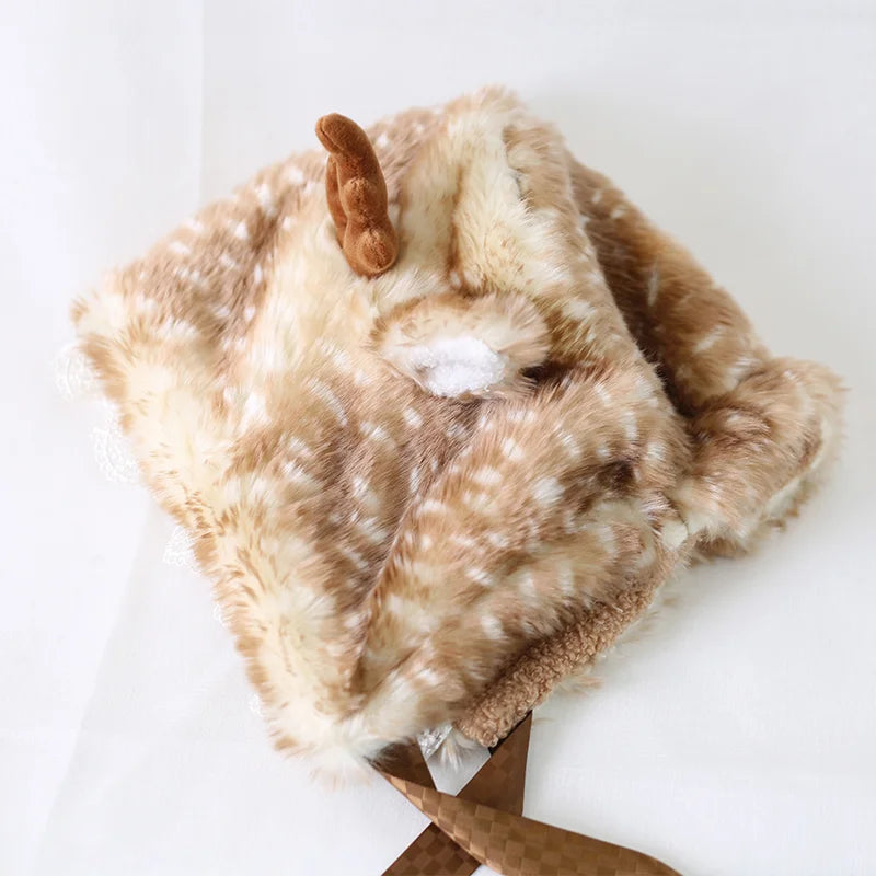 Japanese Sweet Autumn and Winter Elk Spotted Antlers Cute Ear Hat Winter Fleece Hat Christmas