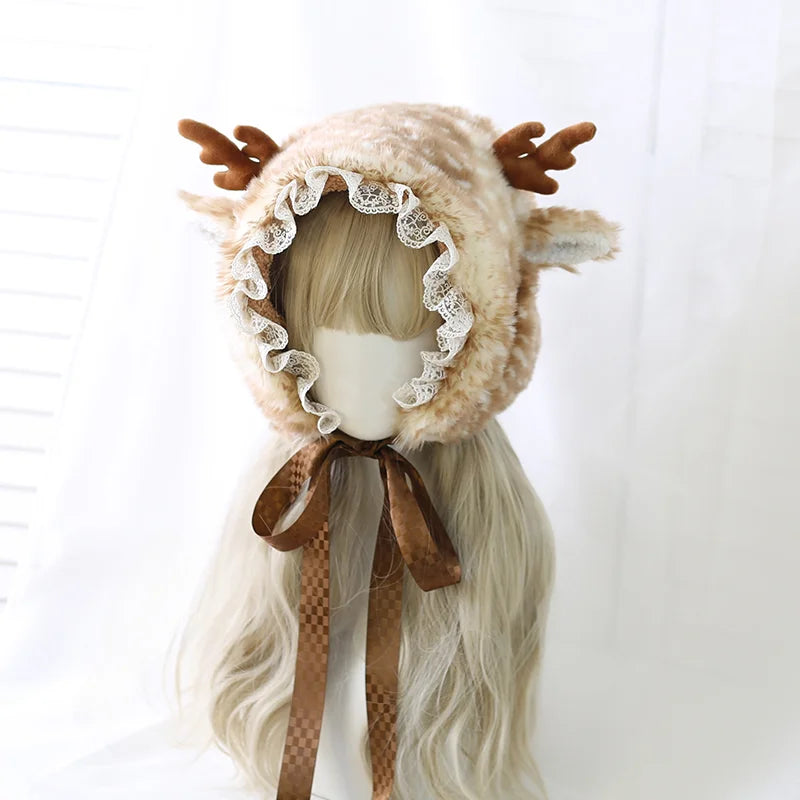 Japanese Sweet Autumn and Winter Elk Spotted Antlers Cute Ear Hat Winter Fleece Hat Christmas