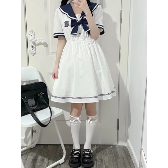 Japanese Sweet Student College Style Navy JK Dress Women's Summer Lolita Princess Dress Daily