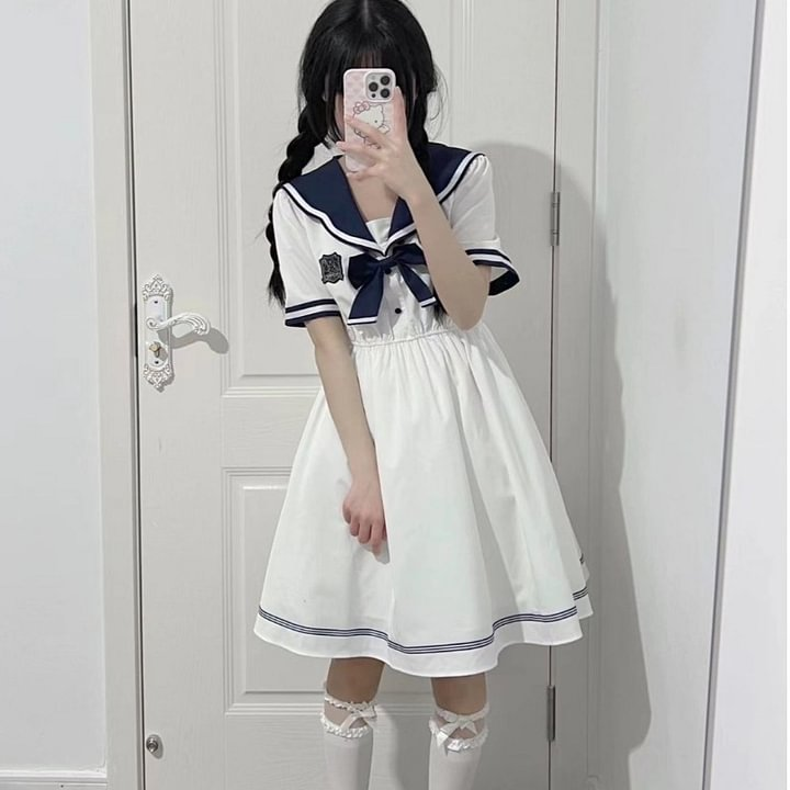 Japanese Sweet Student College Style Navy JK Dress Women's Summer Lolita Princess Dress Daily