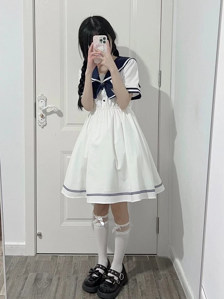 Japanese Sweet Student College Style Navy JK Dress Women's Summer Lolita Princess Dress Daily