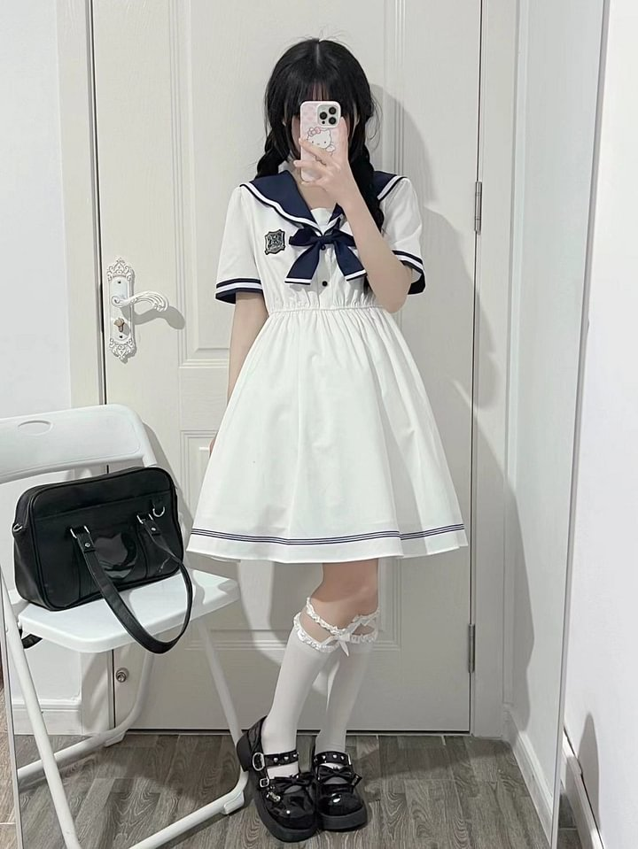 Japanese Sweet Student College Style Navy JK Dress Women's Summer Lolita Princess Dress Daily