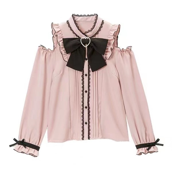 Jirai Kei Fashion Goth Lolita Ruffled Off Shoulder Blouse Pink White Grey Purple Lace Trimmed Sweet
