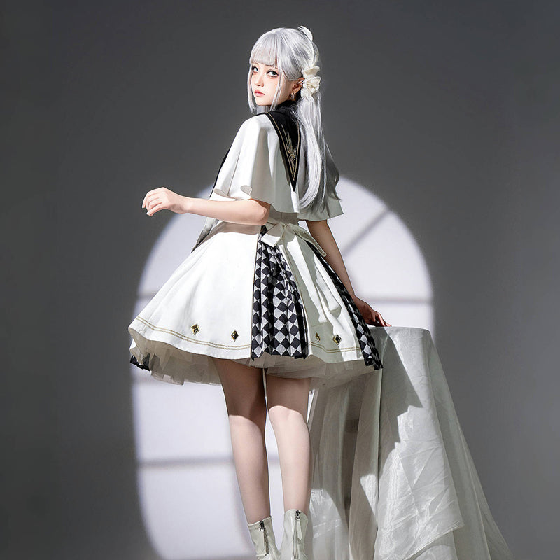 Military Lolita Cloak Dress Set White Black Embroider Ensemble