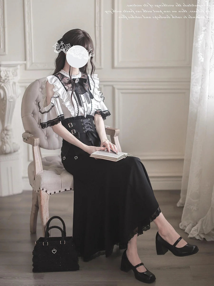 Jirai Kei Fashion Lolita Ruffled Off Shoulder Blouse Corset Skirt Set Black White Lace Set Lolita Dress