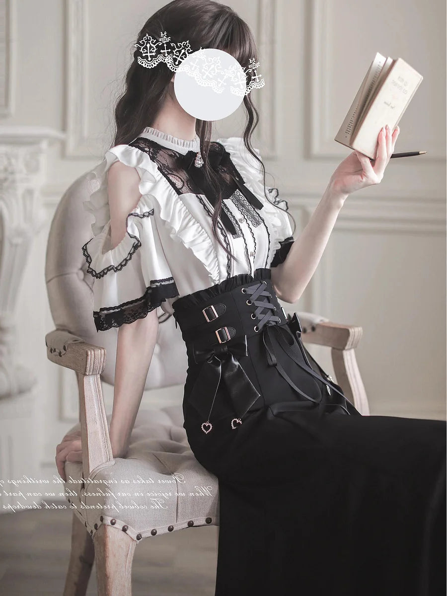 Jirai Kei Fashion Lolita Ruffled Off Shoulder Blouse Corset Skirt Set Black White Lace Set Lolita Dress