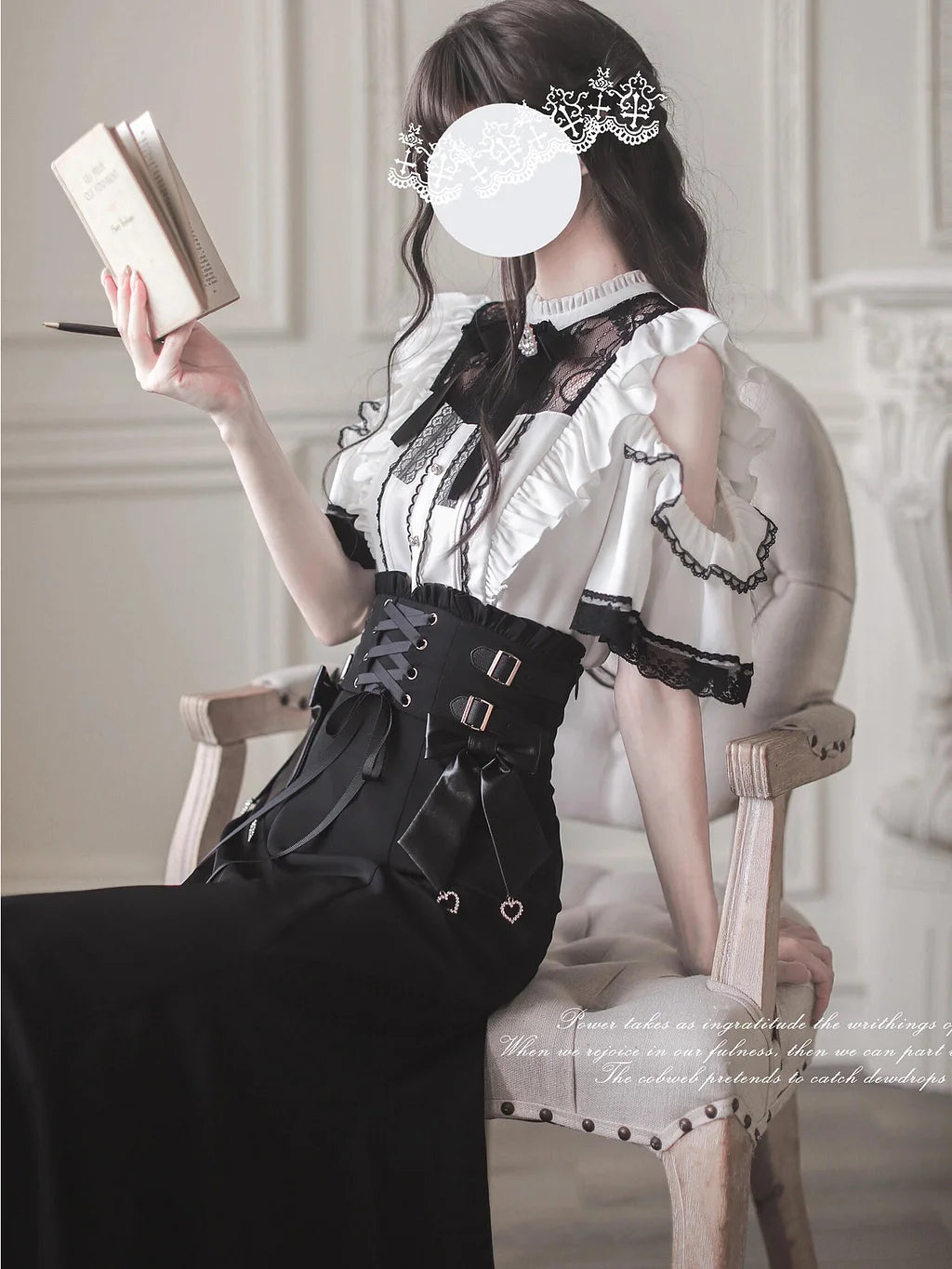 Jirai Kei Fashion Lolita Ruffled Off Shoulder Blouse Corset Skirt Set Black White Lace Set Lolita Dress