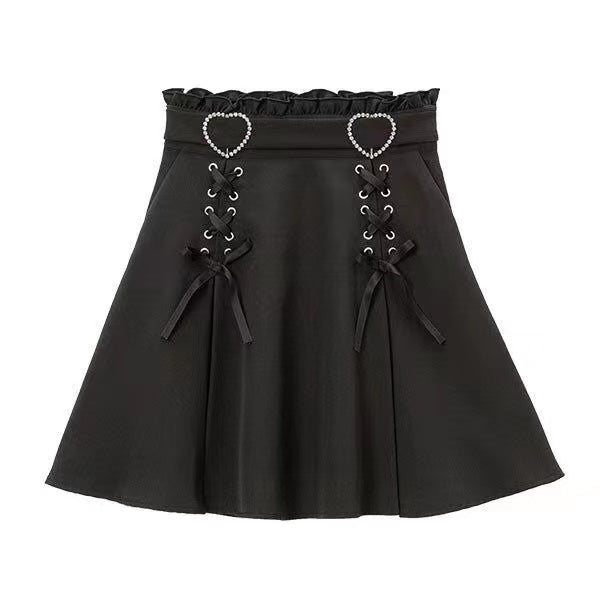 Jirai Kei Fashion Lolita Ruffled Waist Lace Up Skirt Set Black Sweet Heart Accent Set Dress