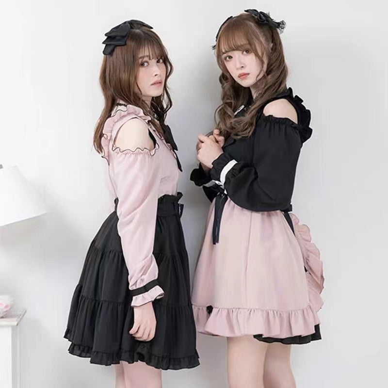 Jirai Kei Fashion Lolita Ruffled Waist Lace Up Skirt Set Black Sweet Heart Accent Set Dress