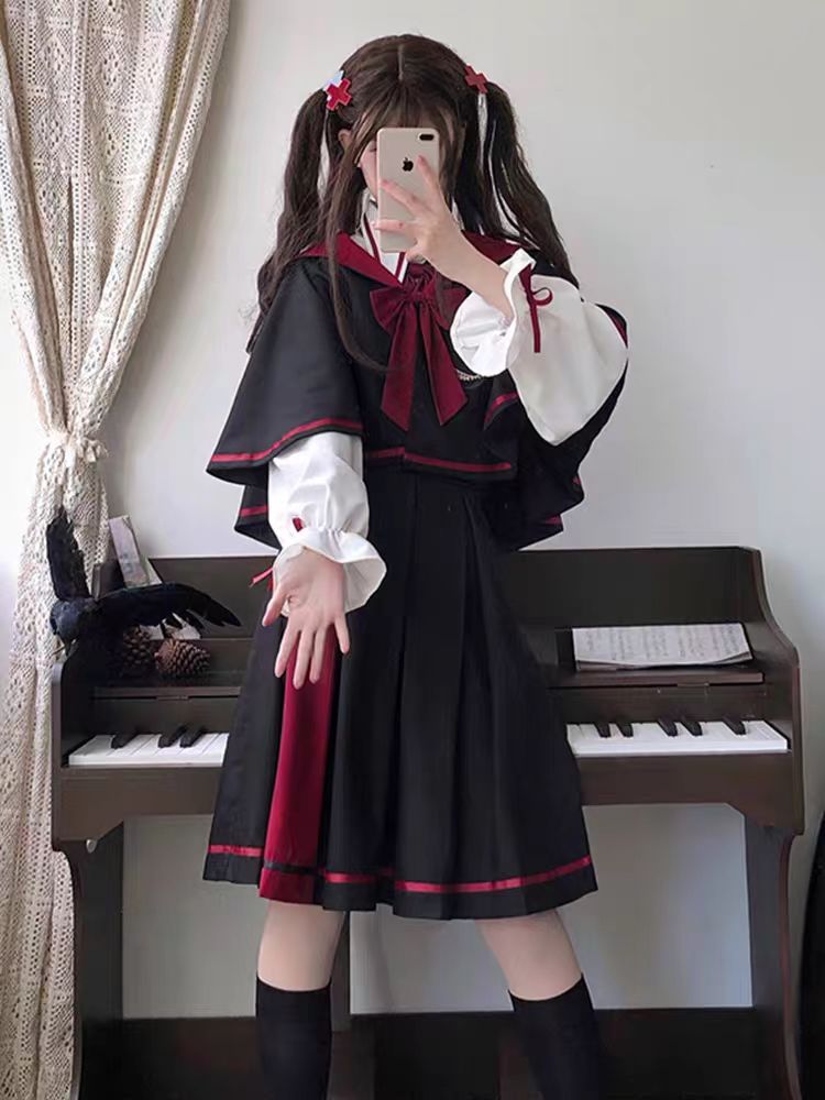 Jirai Kei Fashion Magic Academy Uniform Lolita Cape Short Skirt Set Japanese Cute Halloween JK Dress
