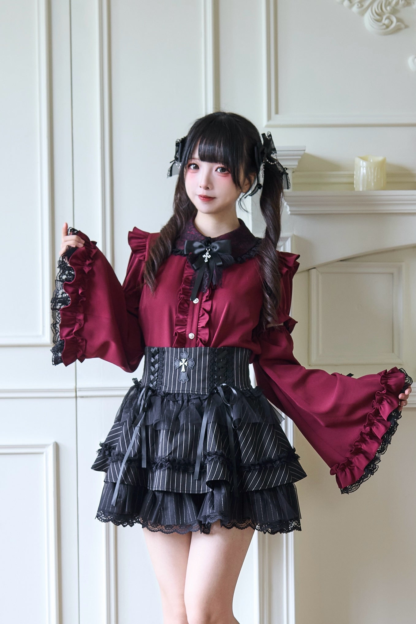 Jirai Kei Fashion Red White Sweet Ruffled Blouse Skirt Set Inspired Set Japanese Subculture