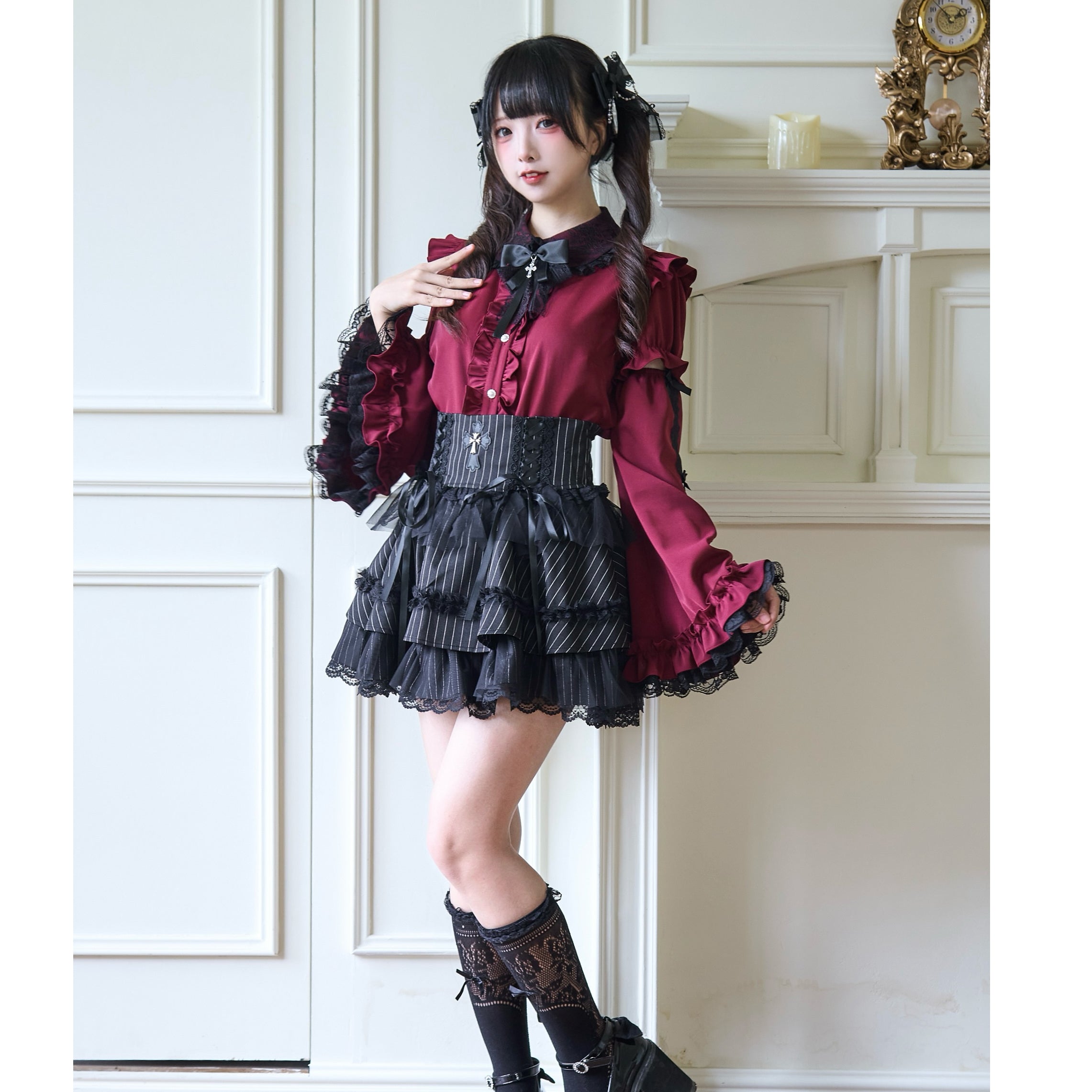 Jirai Kei Fashion Red White Sweet Ruffled Blouse Skirt Set Inspired Set Japanese Subculture