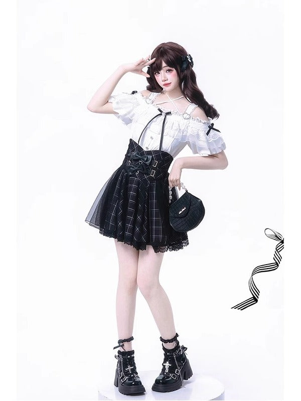 Jirai Kei Fashion Sweet Off Shoulder Blouse Plaid Skirt Set Black White Ruffled Set Lolita Dress
