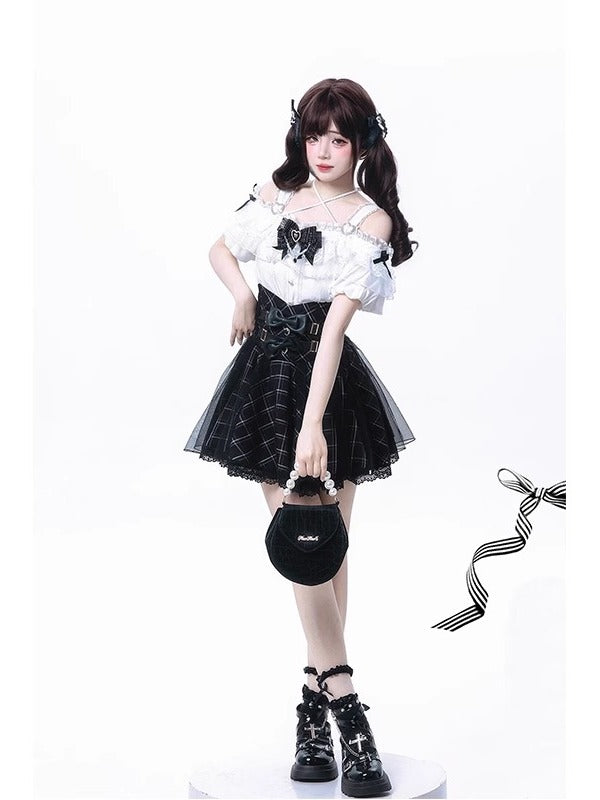 Jirai Kei Fashion Sweet Off Shoulder Blouse Plaid Skirt Set Black White Ruffled Set Lolita Dress