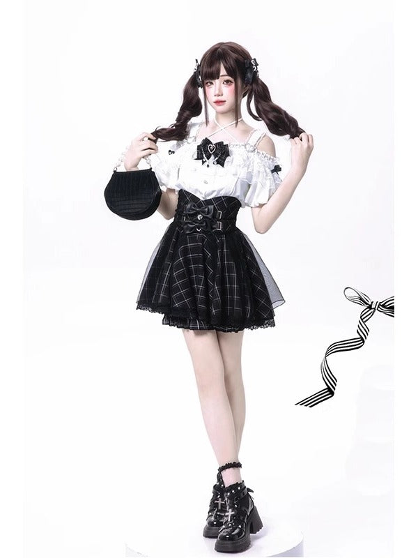 Jirai Kei Fashion Sweet Off Shoulder Blouse Plaid Skirt Set Black White Ruffled Set Lolita Dress