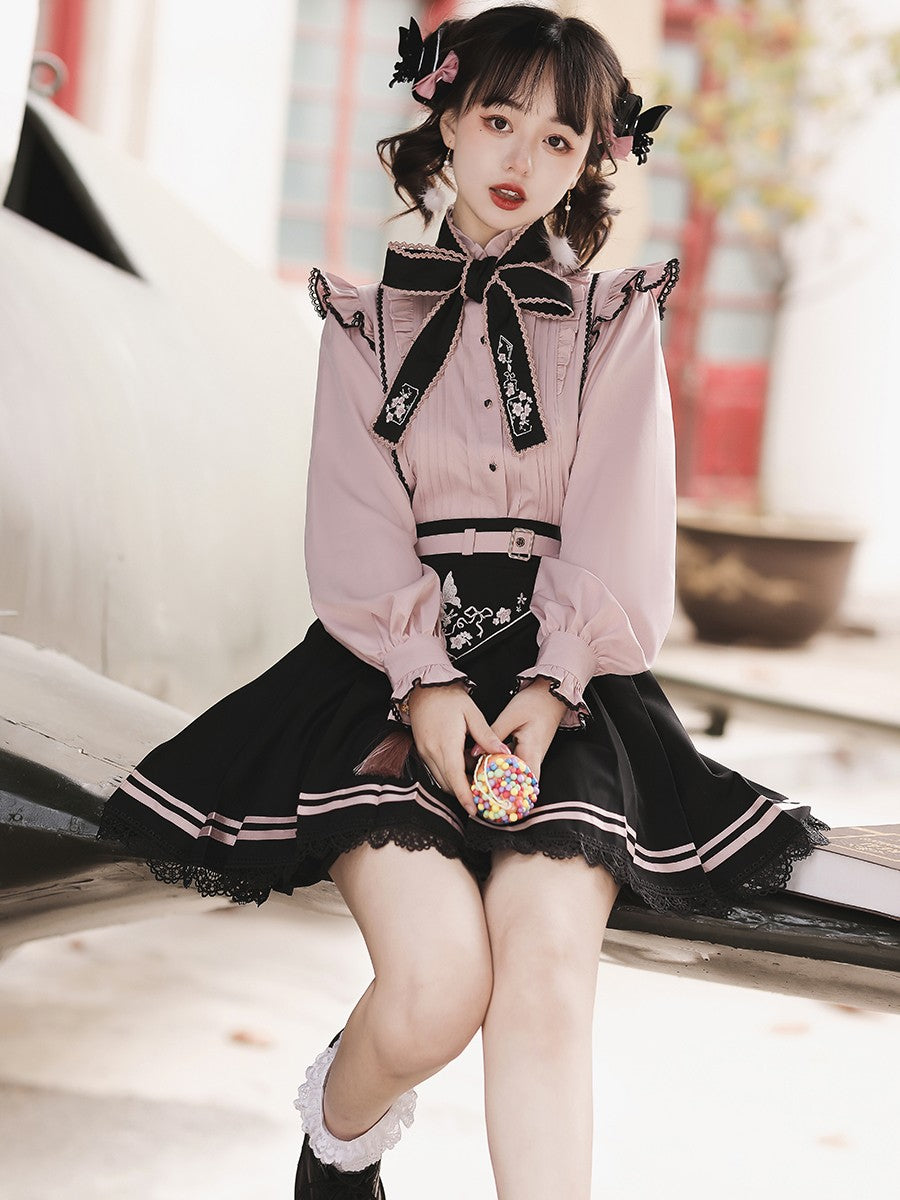 Jirai Kei Fashion Goth Lolita Qi Lolita Pink Blouse Embroidered Skirt Set Sweet Bow Trim Set