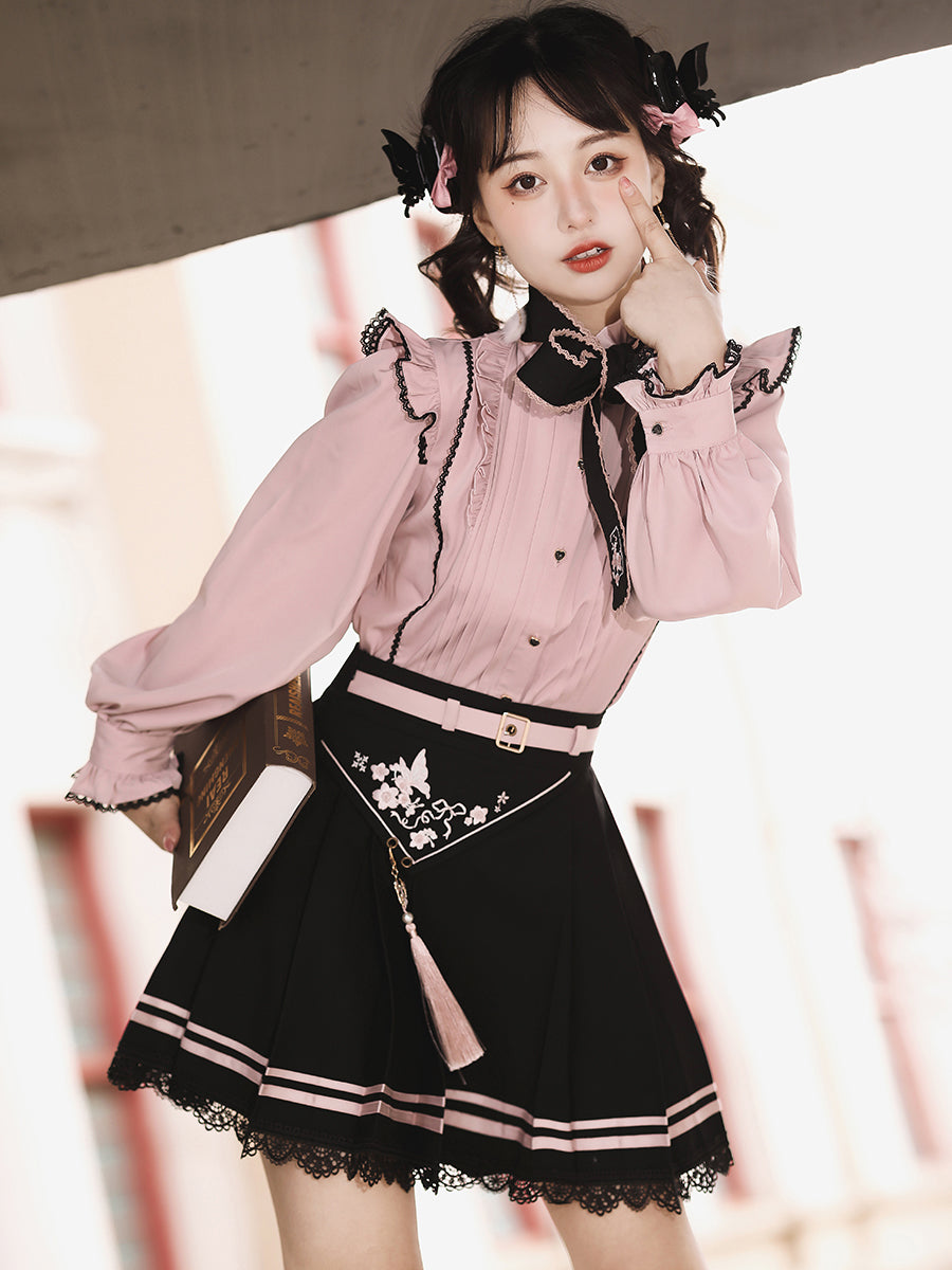 Jirai Kei Fashion Goth Lolita Qi Lolita Pink Blouse Embroidered Skirt Set Sweet Bow Trim Set
