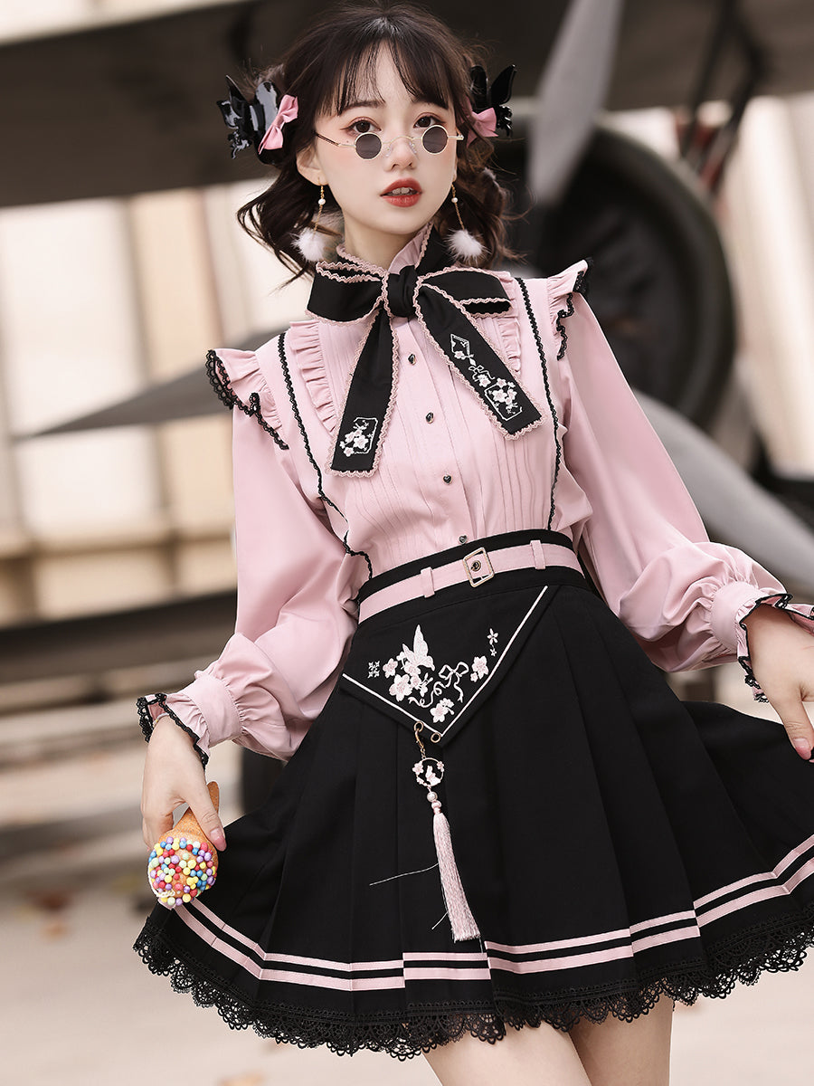 Jirai Kei Fashion Goth Lolita Qi Lolita Pink Blouse Embroidered Skirt Set Sweet Bow Trim Set