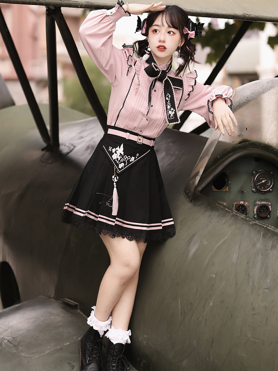 Jirai Kei Fashion Goth Lolita Qi Lolita Pink Blouse Embroidered Skirt Set Sweet Bow Trim Set