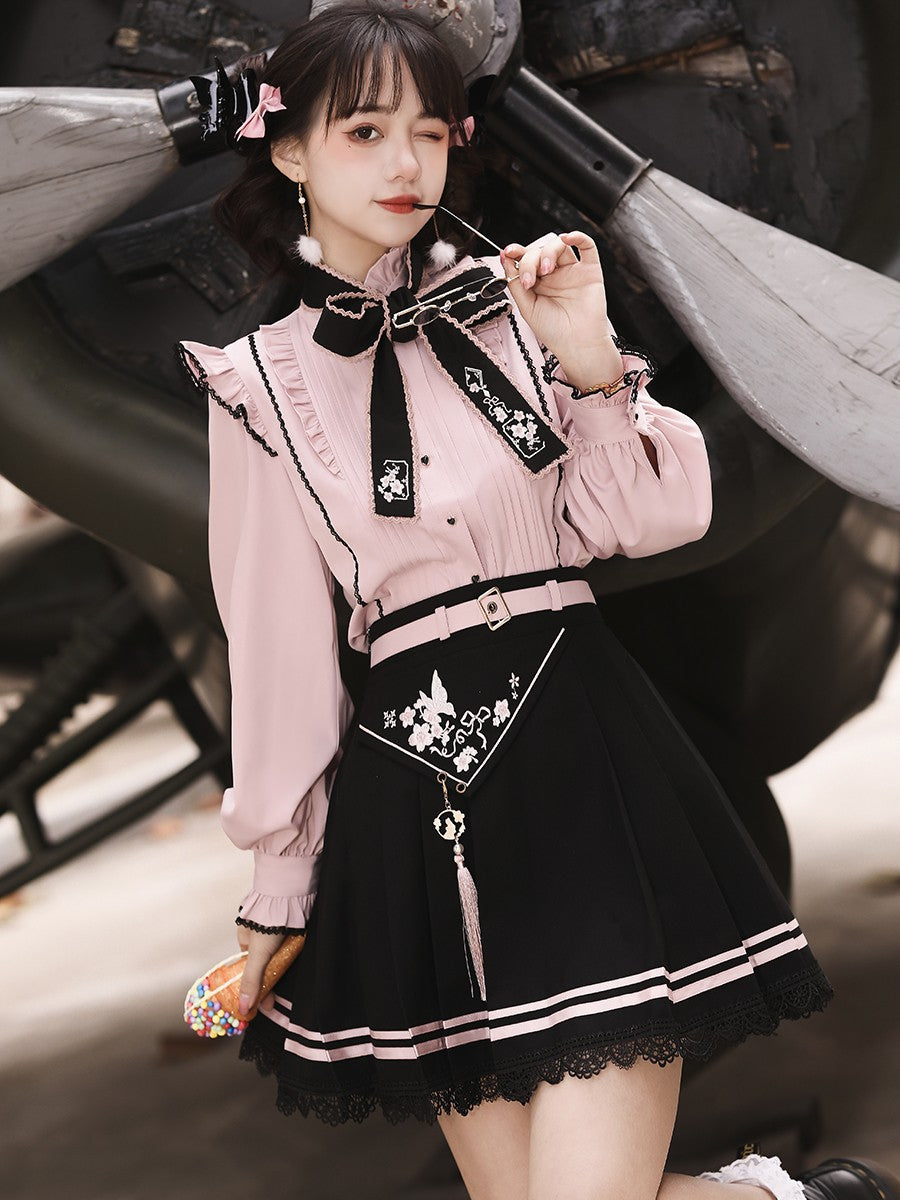 Jirai Kei Fashion Goth Lolita Qi Lolita Pink Blouse Embroidered Skirt Set Sweet Bow Trim Set