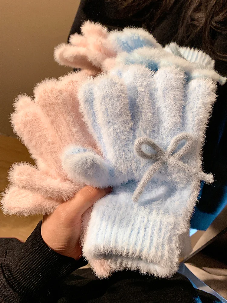 Korean Cute Blue Bow Plush Knitted Gloves Women's Autumn and Winter Velvet