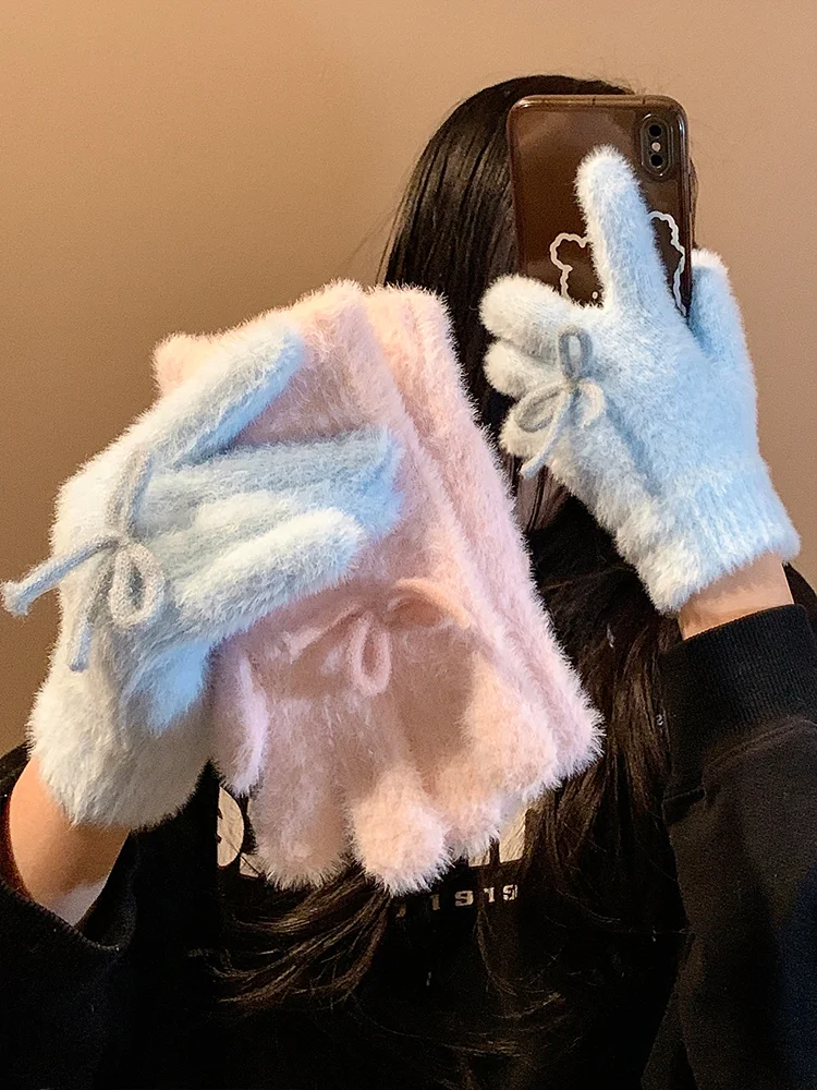 Korean Cute Blue Bow Plush Knitted Gloves Women's Autumn and Winter Velvet