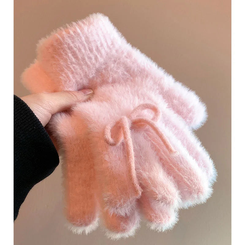 Korean Cute Blue Bow Plush Knitted Gloves Women's Autumn and Winter Velvet