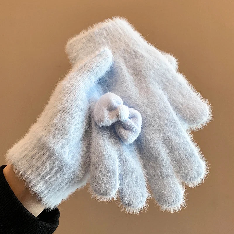 Korean Cute Blue Bow Plush Knitted Gloves Women's Autumn and Winter Velvet