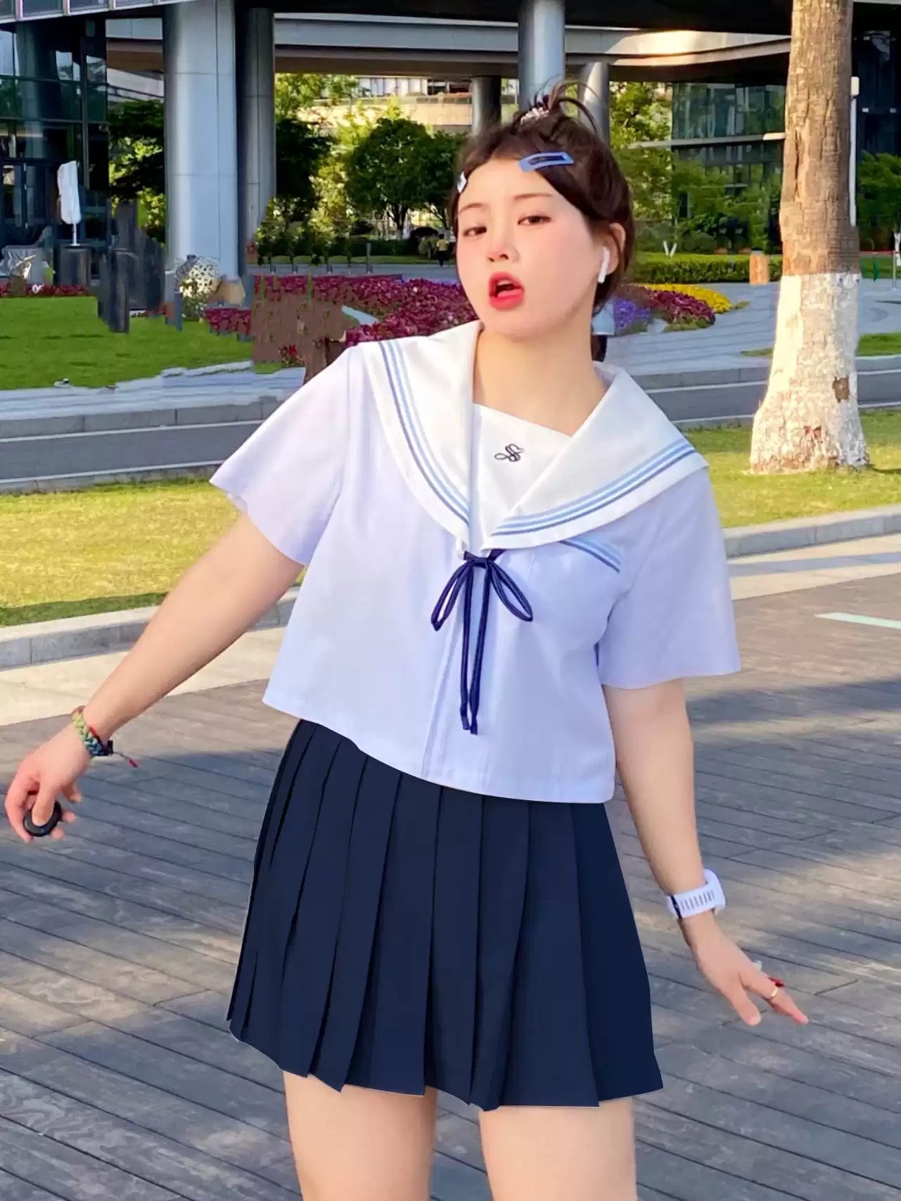 Large Size Original Sailor Dress Short Long Sleeve Top Short Skirt Set Women