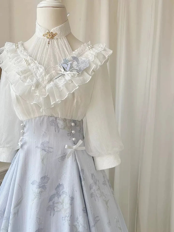 Light blue Elegant Classic Lolita Dress Tea Party Classic Pastoral Style Long Sleeved Dress Light Lolita Casual Coord