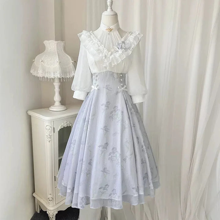 Light blue Elegant Classic Lolita Dress Tea Party Classic Pastoral Style Long Sleeved Dress Light Lolita Casual Coord