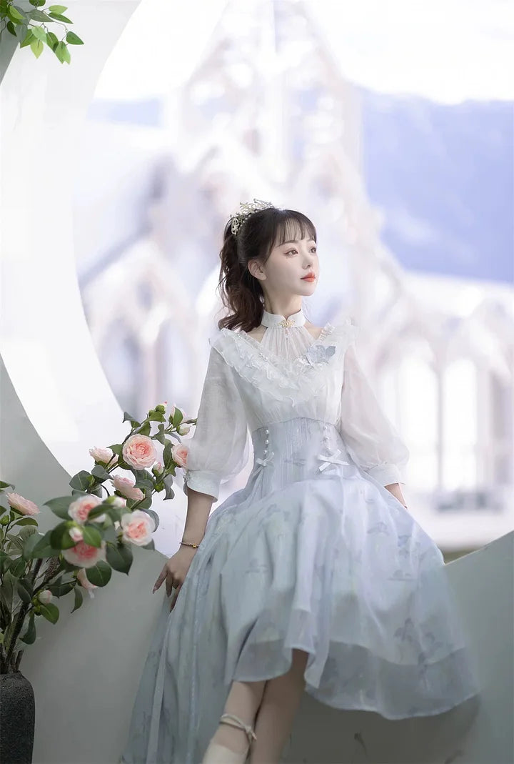 Light blue Elegant Classic Lolita Dress Tea Party Classic Pastoral Style Long Sleeved Dress Light Lolita Casual Coord