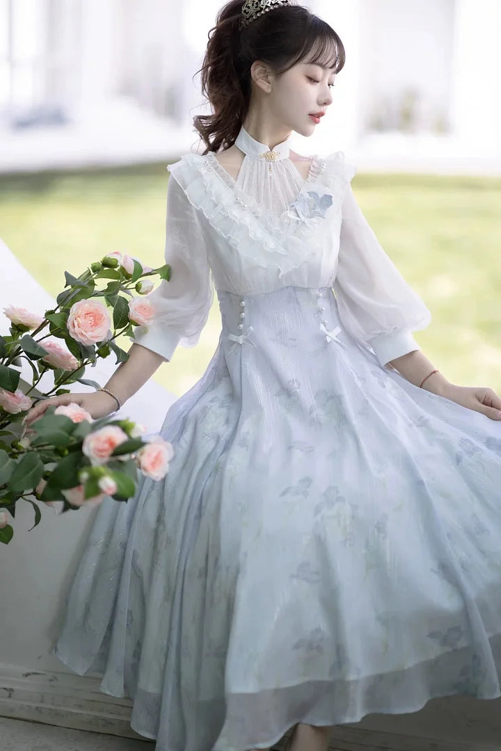 Light blue Elegant Classic Lolita Dress Tea Party Classic Pastoral Style Long Sleeved Dress Light Lolita Casual Coord