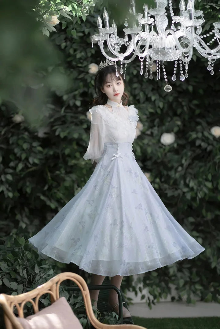 Light blue Elegant Classic Lolita Dress Tea Party Classic Pastoral Style Long Sleeved Dress Light Lolita Casual Coord