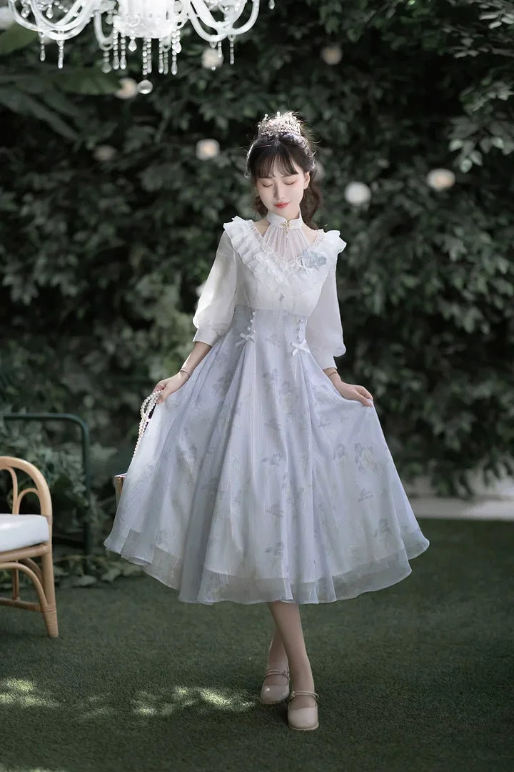 Light blue Elegant Classic Lolita Dress Tea Party Classic Pastoral Style Long Sleeved Dress Light Lolita Casual Coord