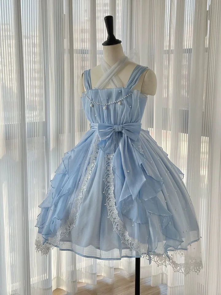 Light Blue Pearl Elegant Short Prom Dress Organza Lace Lolita Dress Fairy Sweet Princess Dress