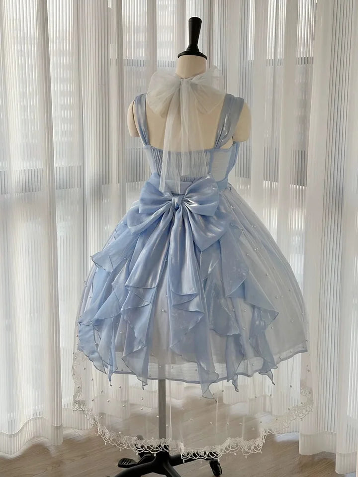 Light Blue Pearl Elegant Short Prom Dress Organza Lace Lolita Dress Fairy Sweet Princess Dress