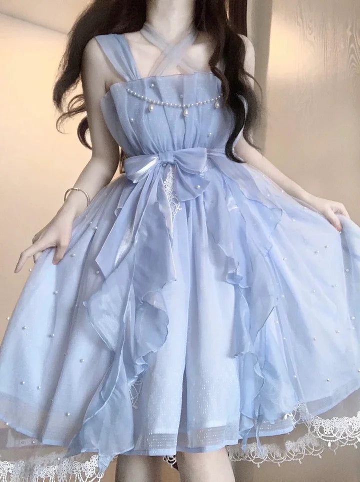 Light Blue Pearl Elegant Short Prom Dress Organza Lace Lolita Dress Fairy Sweet Princess Dress