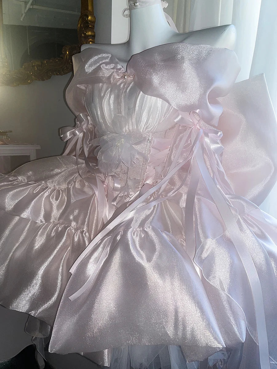Hime Lolita Light Pink Ballet Style Lace Strappy Bow Lolita Dress