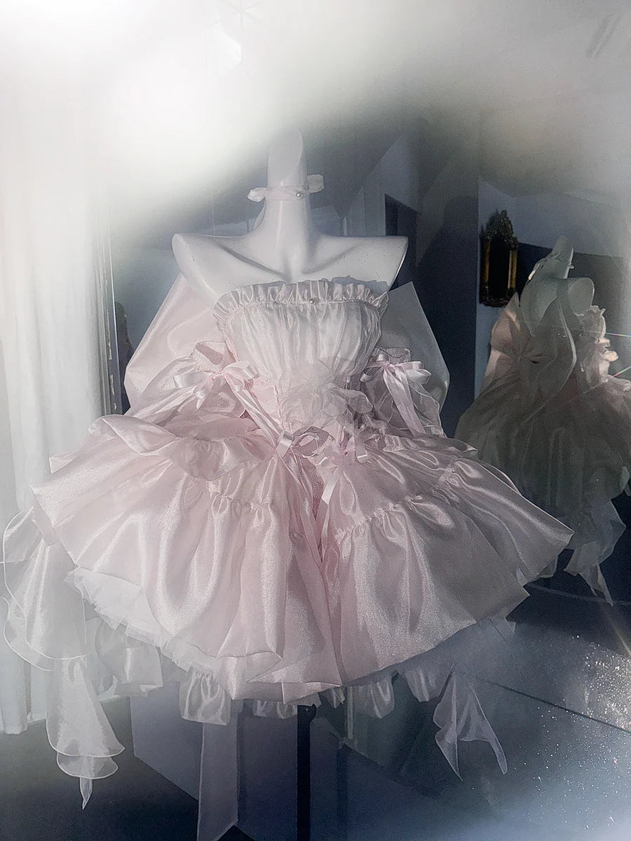 Hime Lolita Light Pink Ballet Style Lace Strappy Bow Lolita Dress