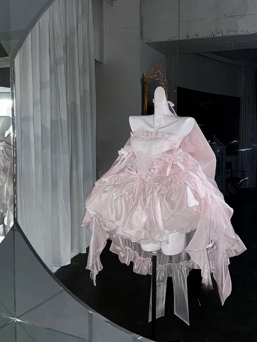 Hime Lolita Light Pink Ballet Style Lace Strappy Bow Lolita Dress