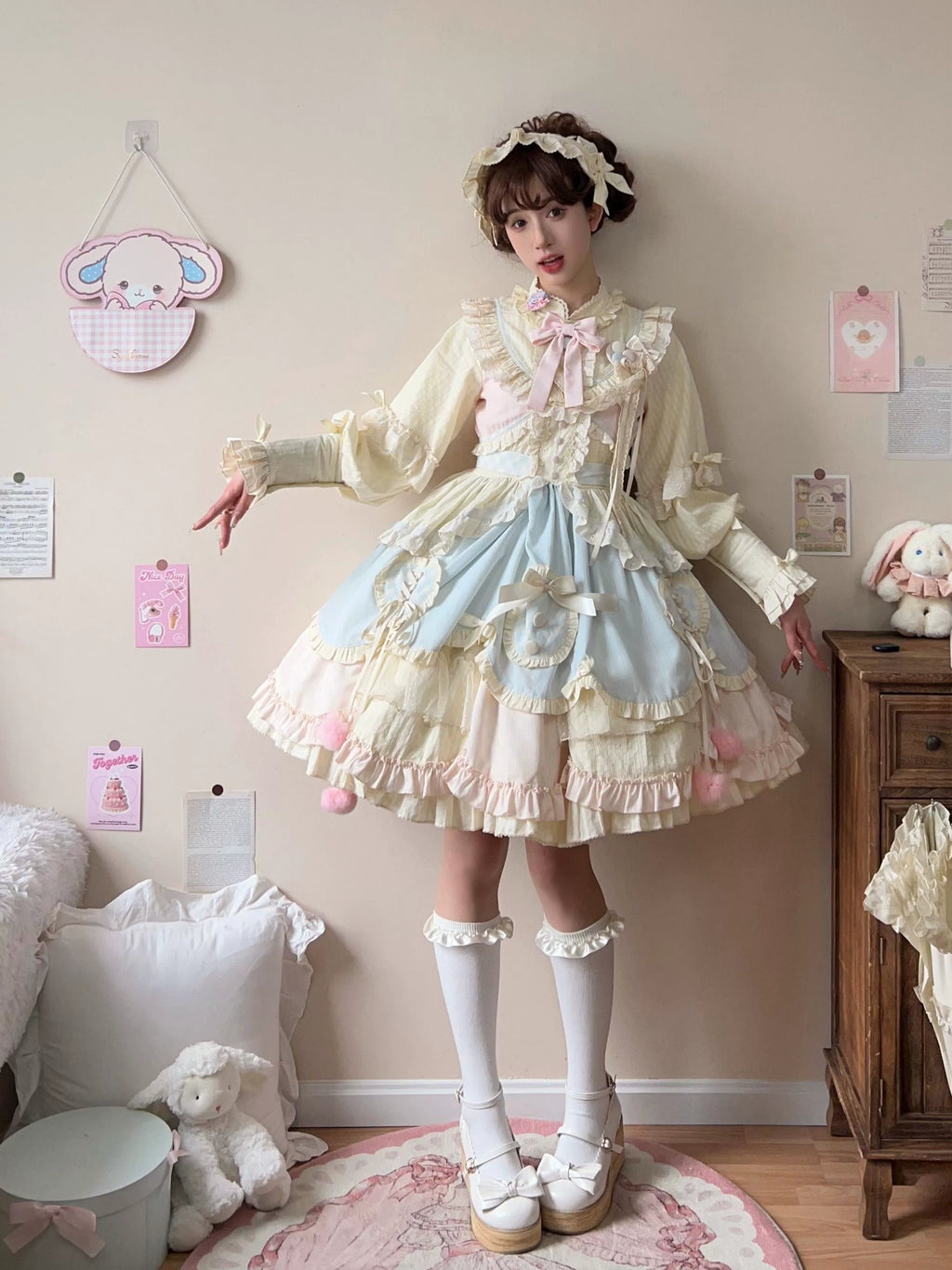Light Yellow Irregular Multi Layer Sweetheart Lolita Dress OP Long Sleeve