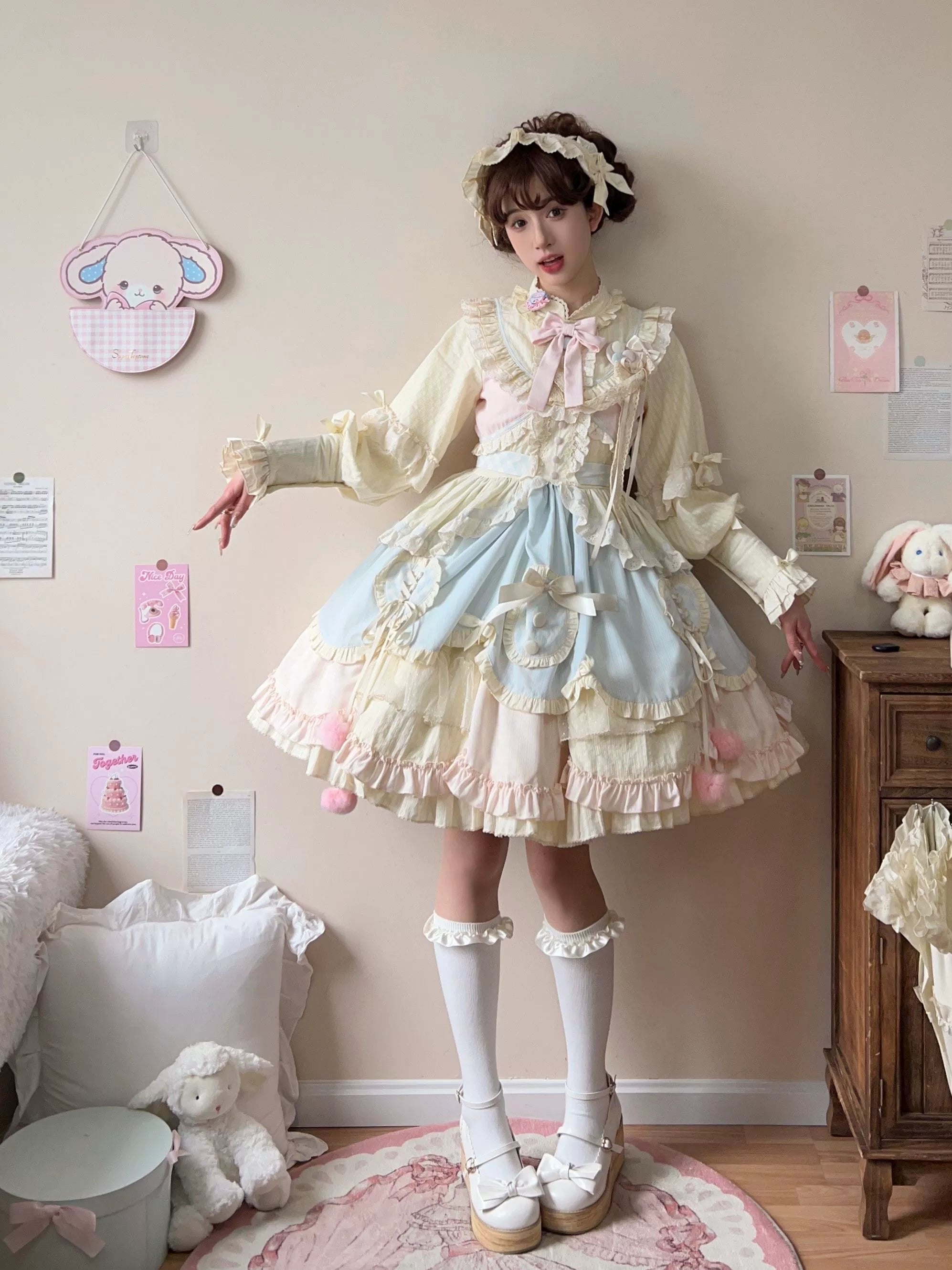 Light Yellow Irregular Multi Layer Sweetheart Lolita Dress OP Long Sleeve