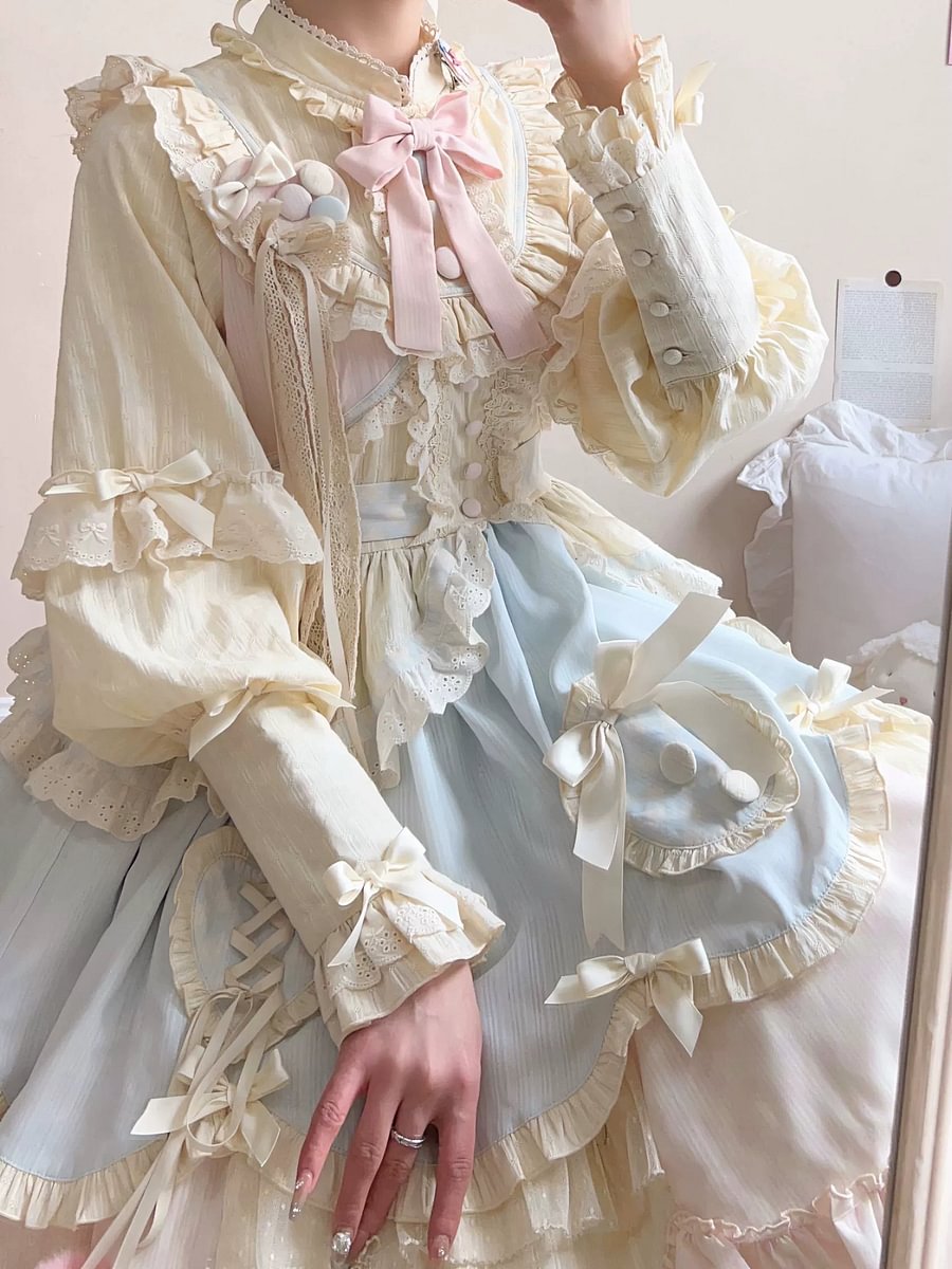 Light Yellow Irregular Multi Layer Sweetheart Lolita Dress OP Long Sleeve