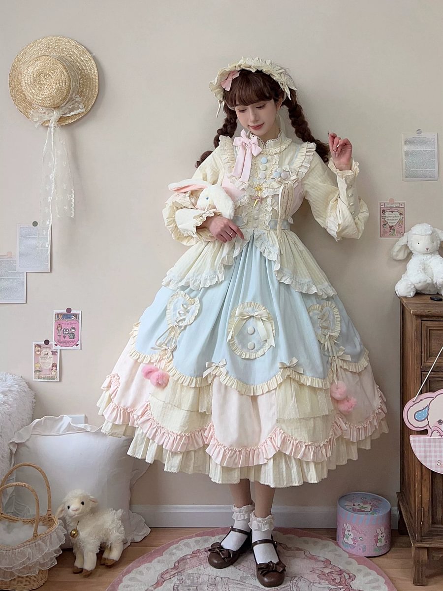 Light Yellow Irregular Multi Layer Sweetheart Lolita Dress OP Long Sleeve