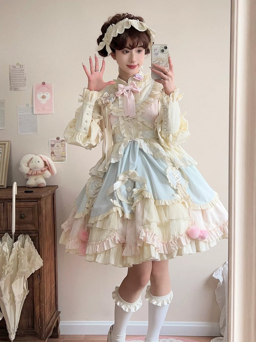 Light Yellow Irregular Multi Layer Sweetheart Lolita Dress OP Long Sleeve