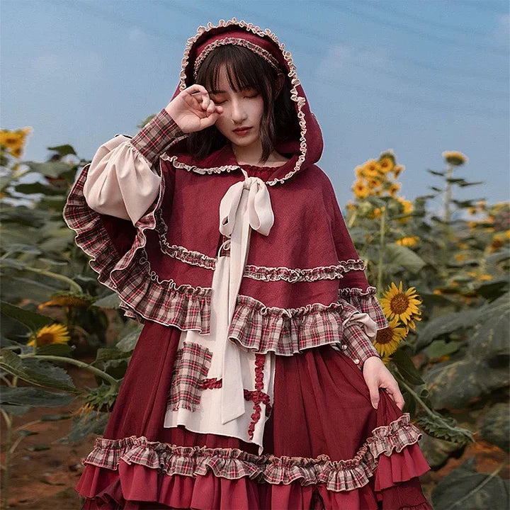 Little Red Riding Hood Dress Sweet Lolita Outfit OP Hooded Cloak Long sleeves Dress for Girls