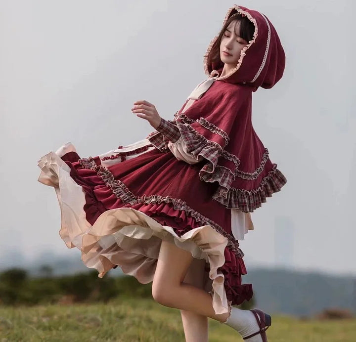 Little Red Riding Hood Dress Sweet Lolita Outfit OP Hooded Cloak Long sleeves Dress for Girls