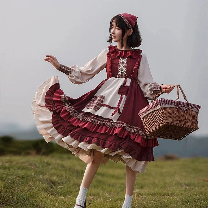 Little Red Riding Hood Dress Sweet Lolita Outfit OP Hooded Cloak Long sleeves Dress for Girls